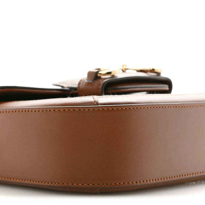 Mini shoulder bag side profile with brown leather base and gold-tone clasp hardware