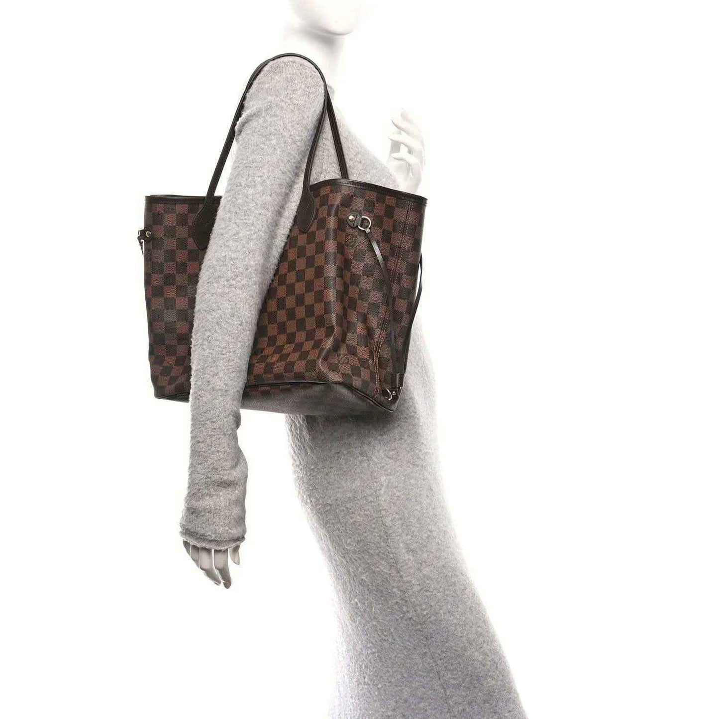 Damier Ebene tote with brown checkered canvas, top handles, and side pocket