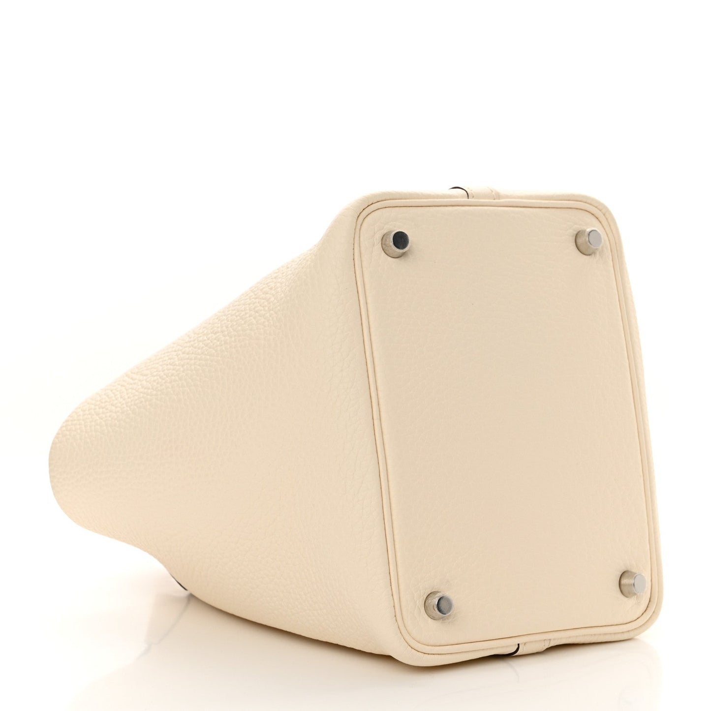 Nata leather handbag with lock hardware and rounded, triangular base side view