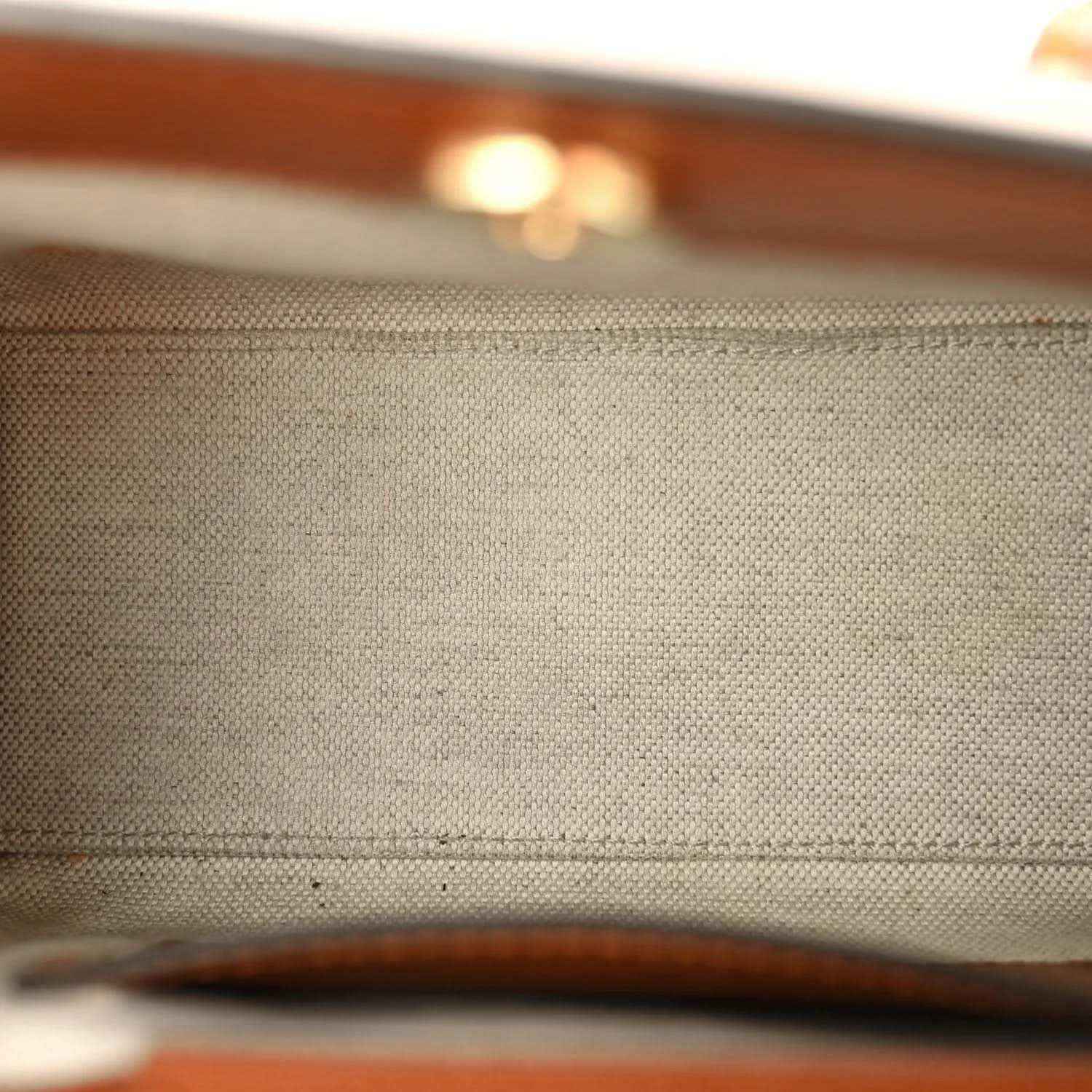 Gucci mini tote bag fabric lining close-up in light tan canvas texture.