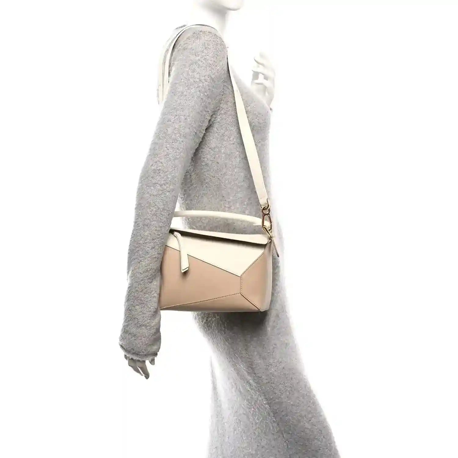 Small Puzzle edge bag on shoulder strap, two-tone soft white and beige calfskin