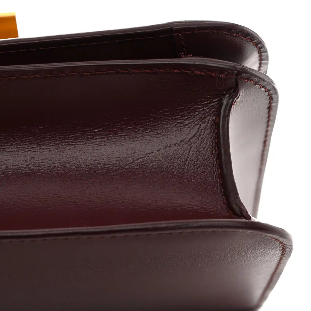 Celine burgundy box flap bag leather corner with contrast stitching detail