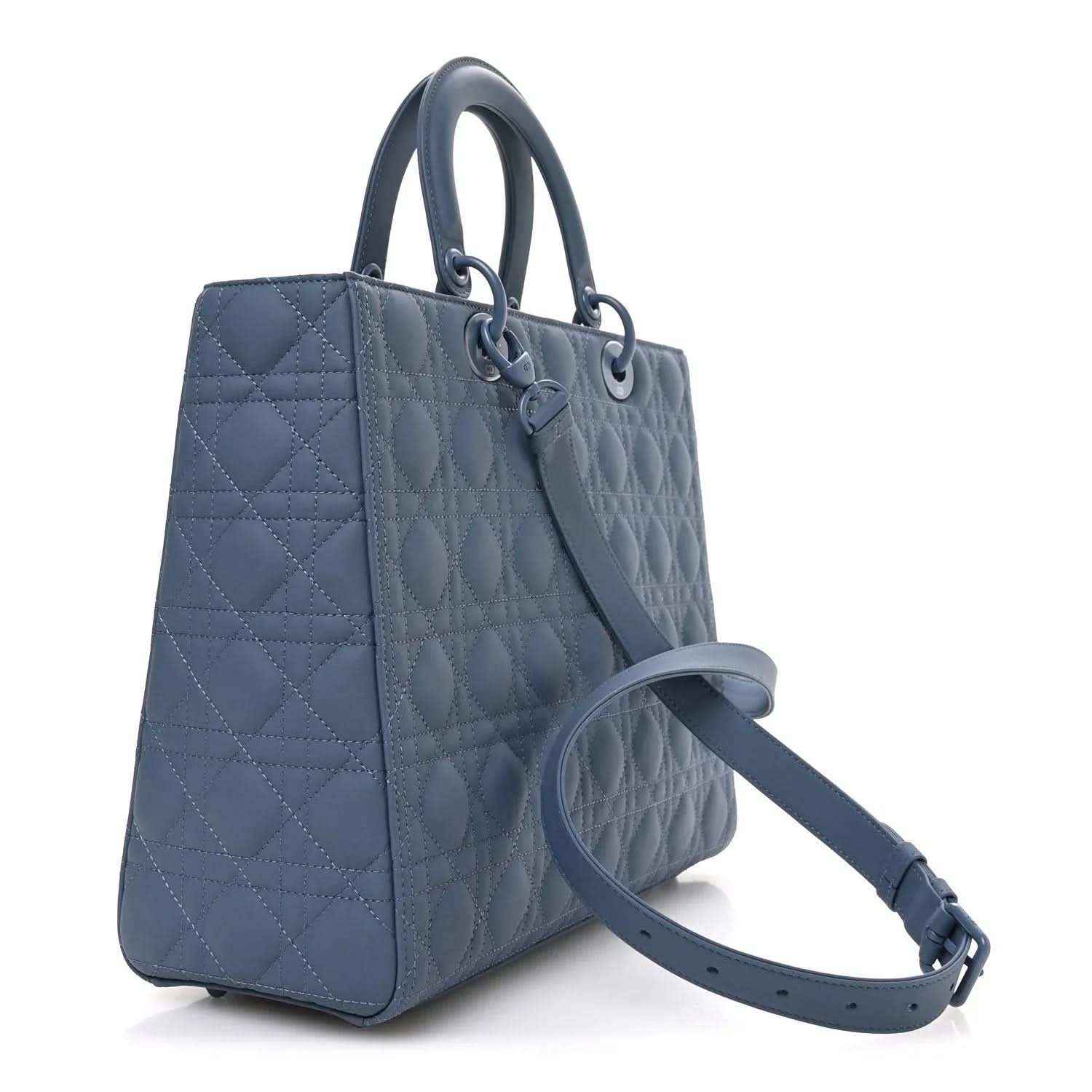 Denim blue quilted Lady Dior bag with handles and crossbody strap