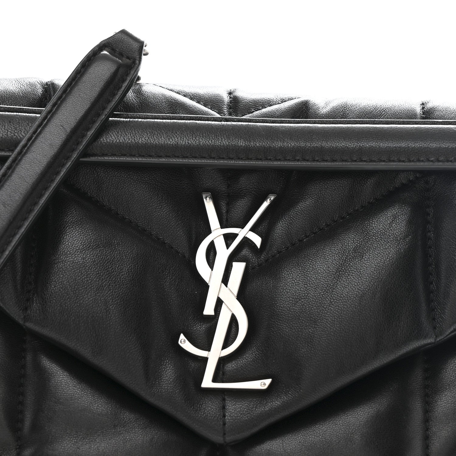 Black quilted lambskin small satchel with YSL logo on front flap and leather strap tab.