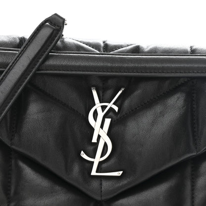 Black quilted lambskin small satchel with YSL logo on front flap and leather strap tab.