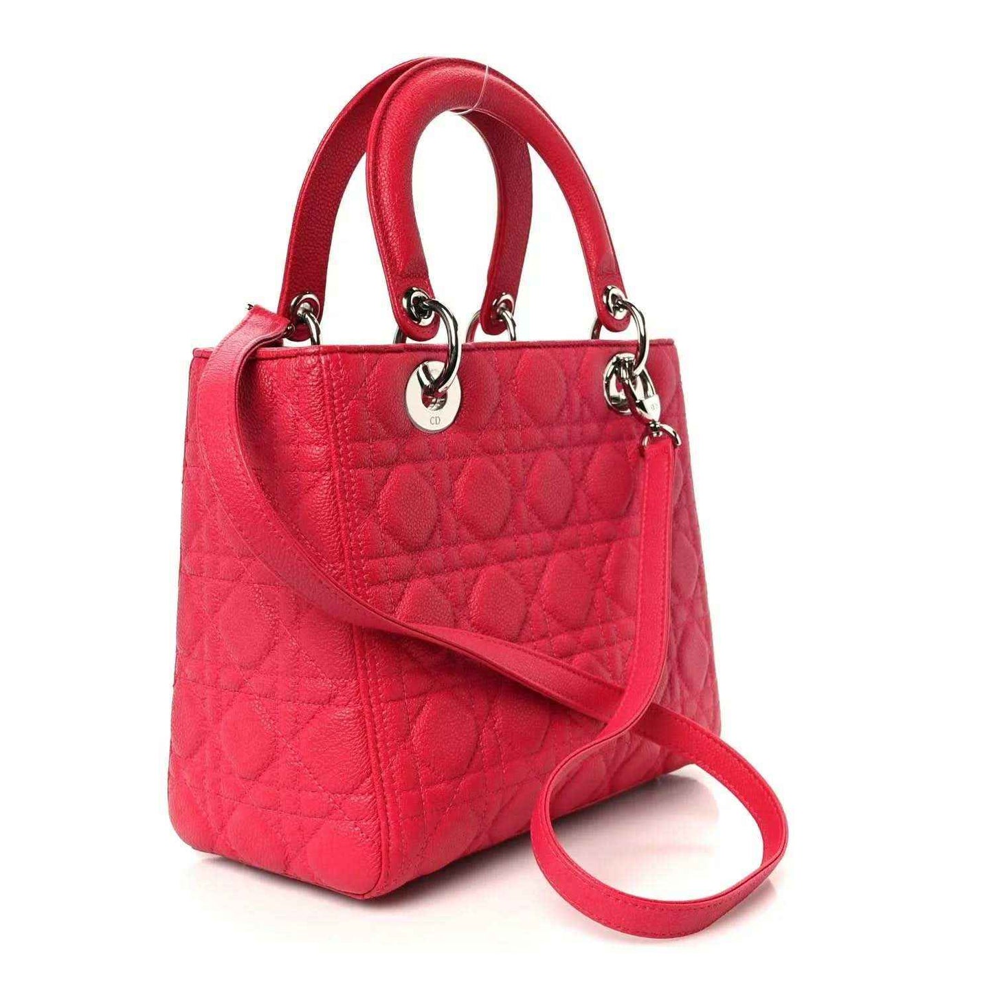 Pink quilted handbag with detachable strap and top handles, silver Dior charm