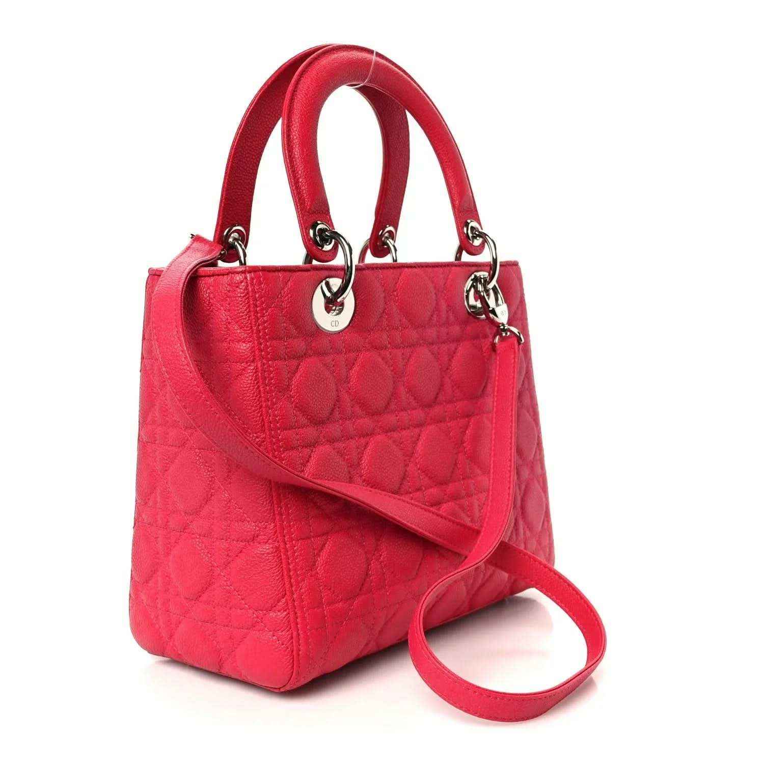 Pink quilted handbag with detachable strap and top handles, silver Dior charm