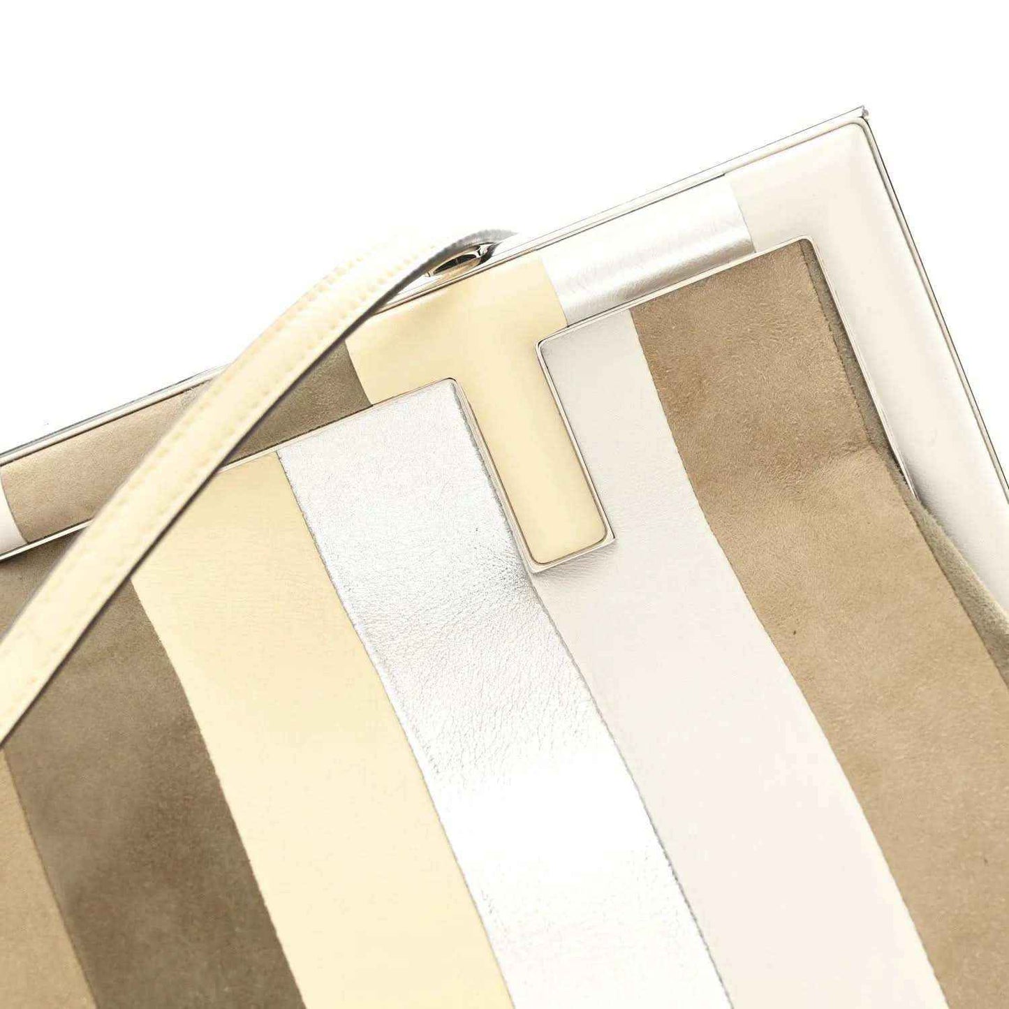 Striped nappa suede clutch top view with gold-tone handle bar accent