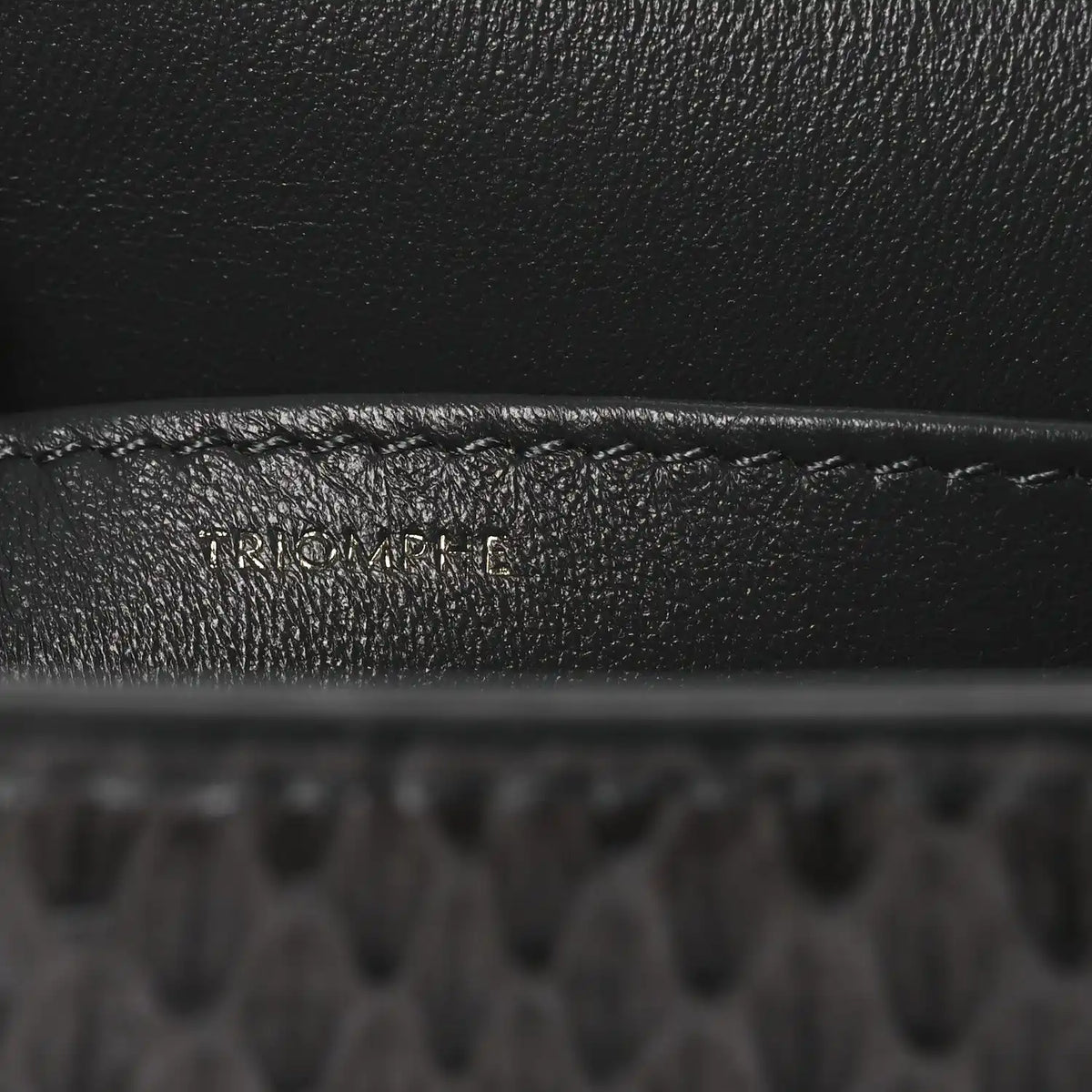 Grey snakeskin shoulder bag flap close-up with embossed brand detail