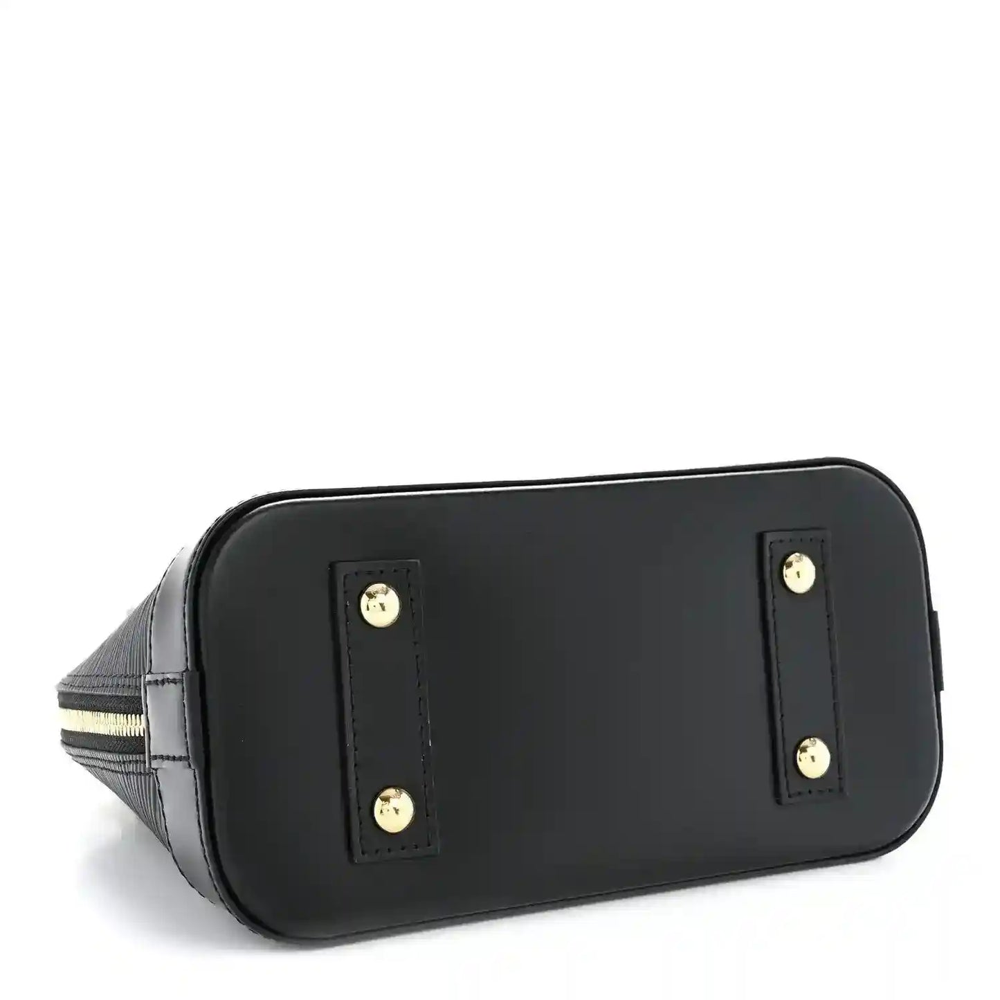 Black handbag back panel with two gold-tone logo studs and smooth leather trim