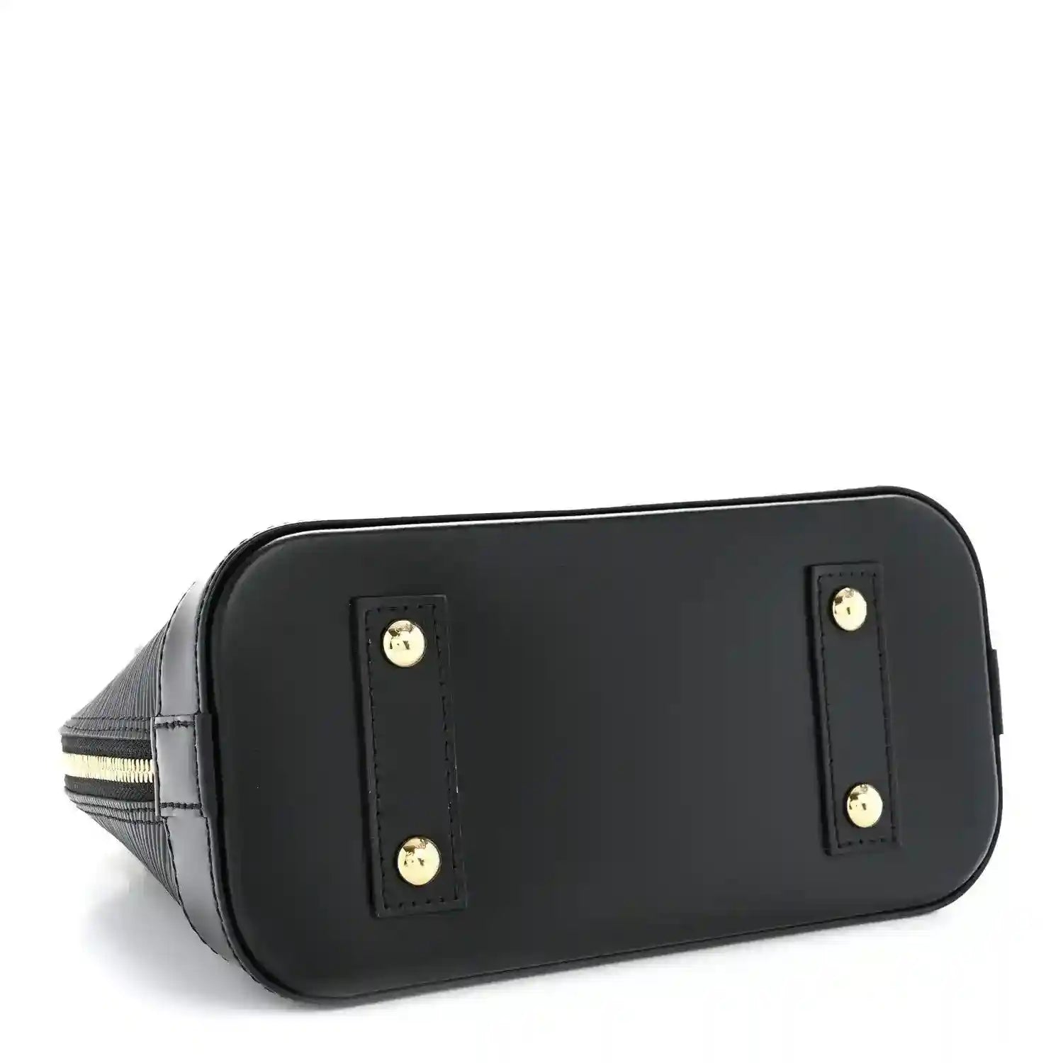 Black handbag back panel with two gold-tone logo studs and smooth leather trim