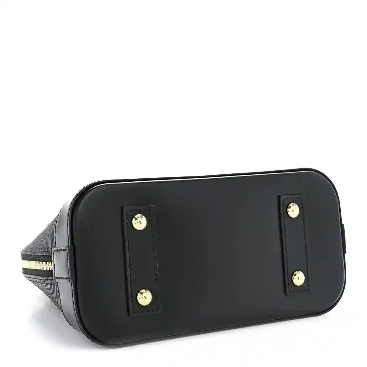 Black handbag back panel with two gold-tone logo studs and smooth leather trim