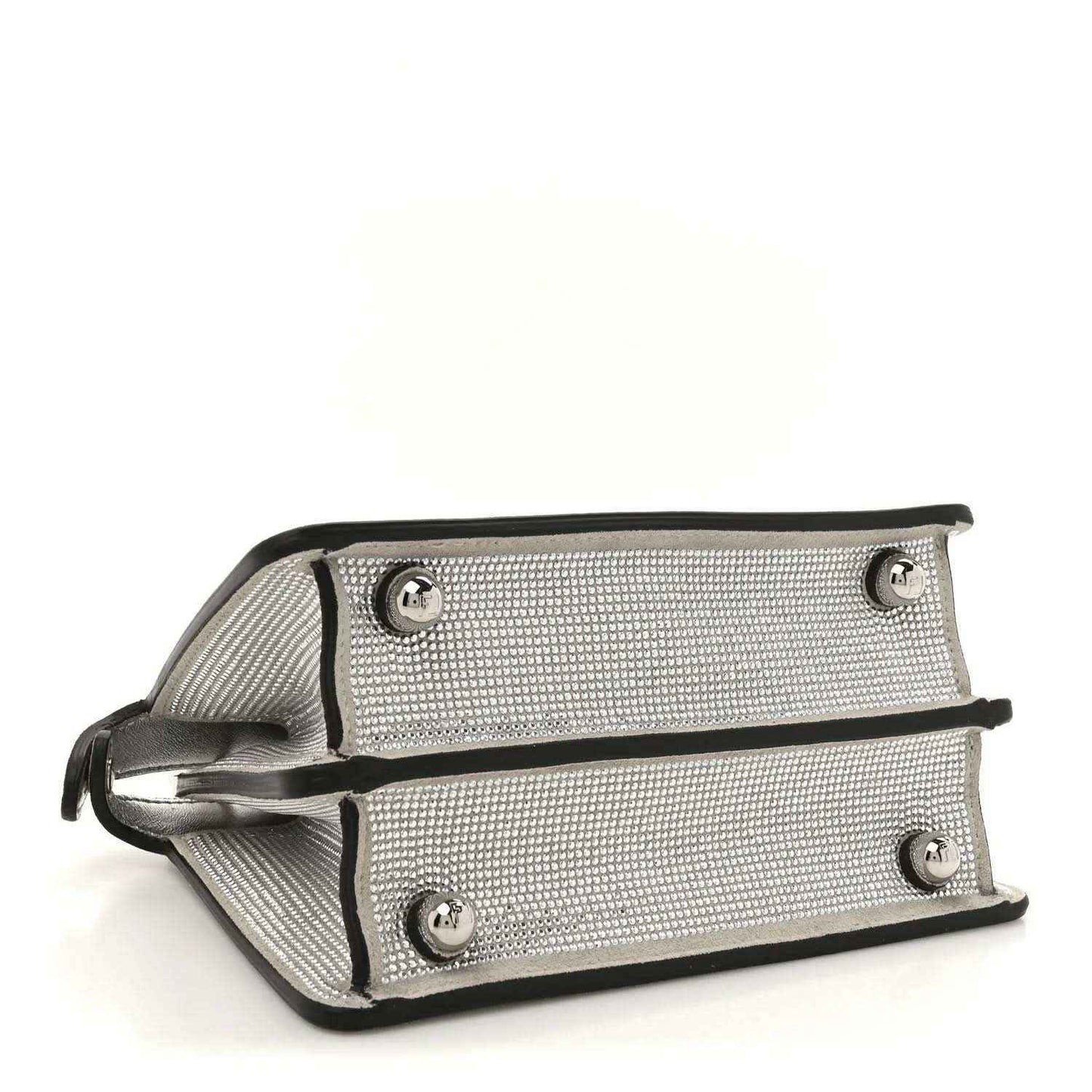 Silver crystal satchel base view with dual strap attachments and metal studs