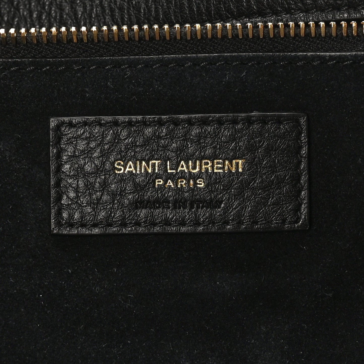 SAINT LAURENT Paris leather label on black grained deerskin tote interior
