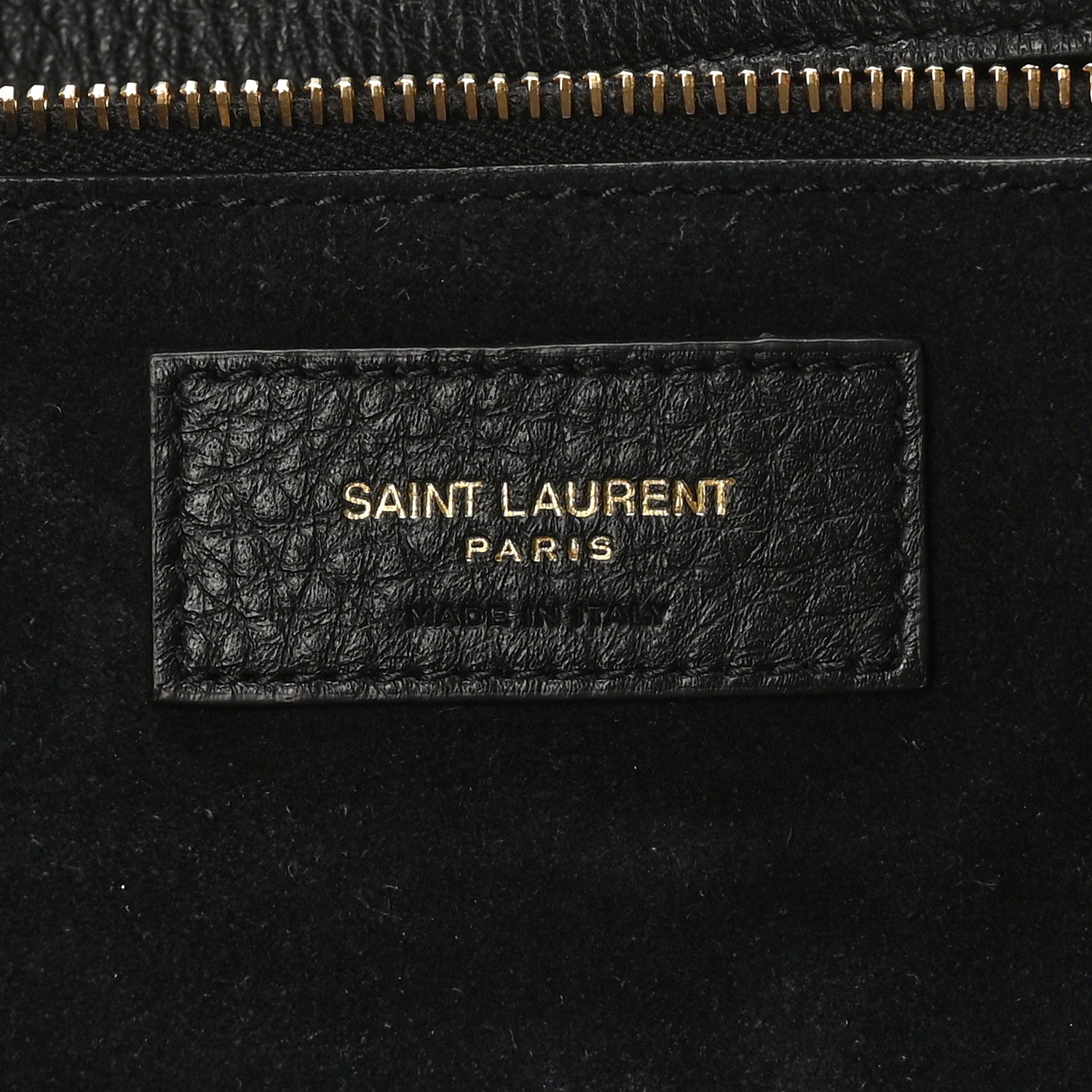 SAINT LAURENT Paris leather label on black grained deerskin tote interior