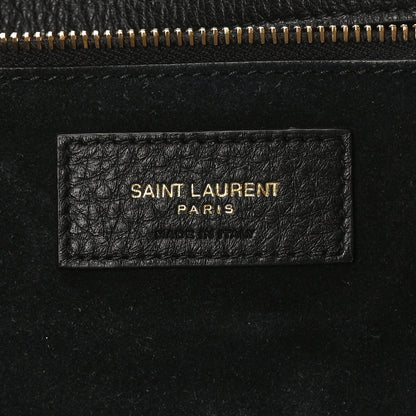 SAINT LAURENT Paris leather label on black grained deerskin tote interior