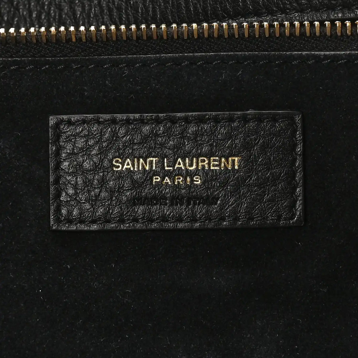 SAINT LAURENT Paris leather label on black grained deerskin tote interior