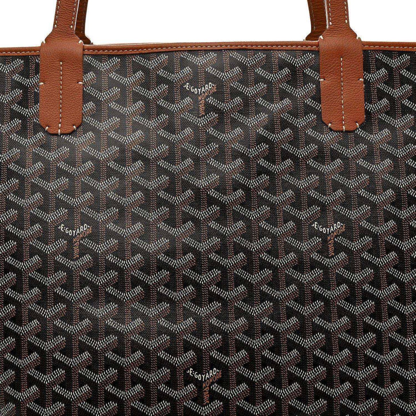 Goyard Artois GM tote bag front view, black Goyardine canvas with tan leather straps