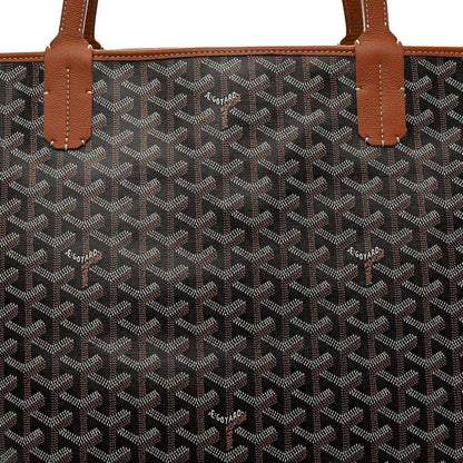 Goyard Artois GM tote bag front view, black Goyardine canvas with tan leather straps