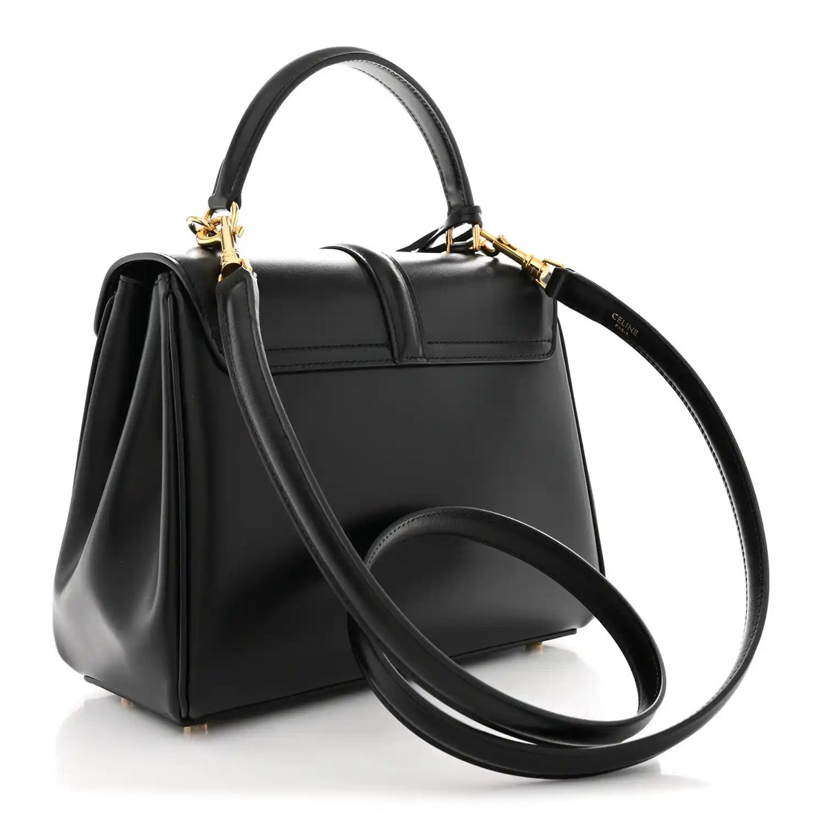 Black small top-handle satchel with long crossbody strap and gold-tone hardware