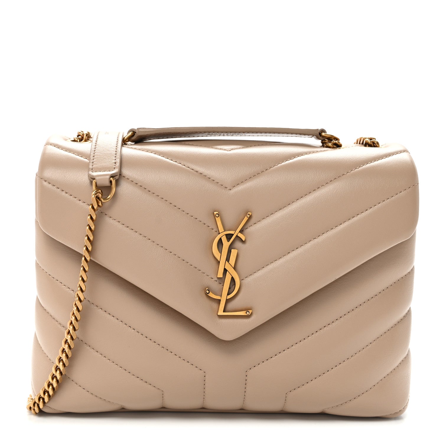 Quilted dark beige small chain satchel with gold YSL monogram front