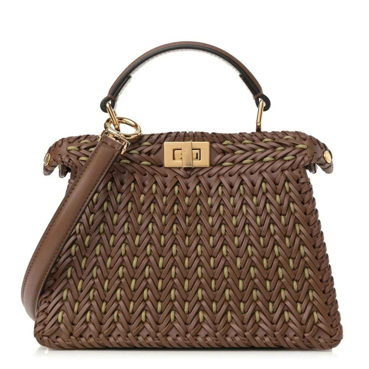 Brown woven leather satchel with top handle, gold clasp, and FF emblem