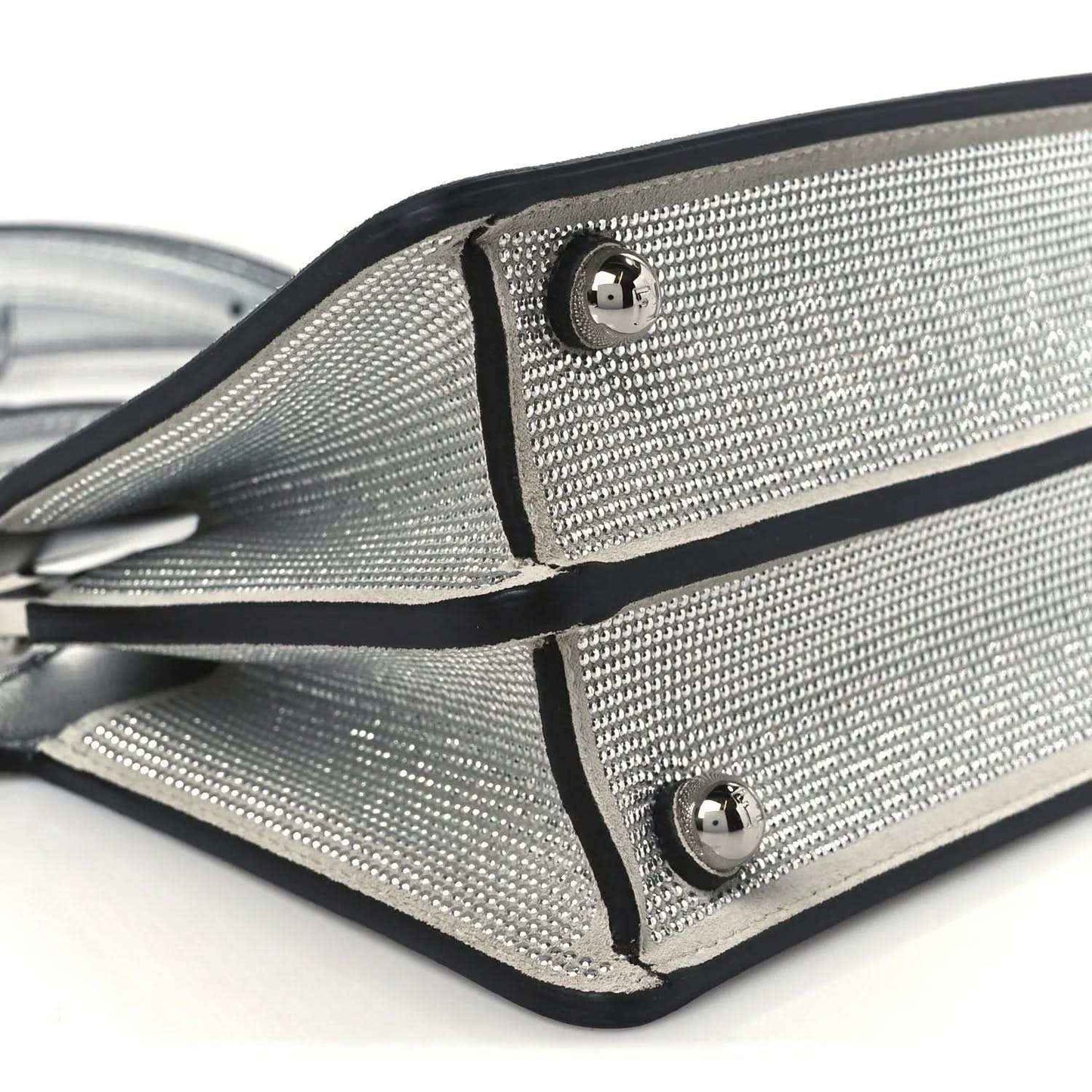Fendi petite satchel closeup: silver crystal mesh with black trim and stud clasp