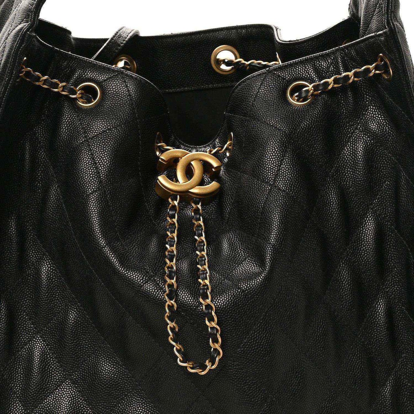 Black caviar quilted leather handbag, gold chain and CC turn-lock closure