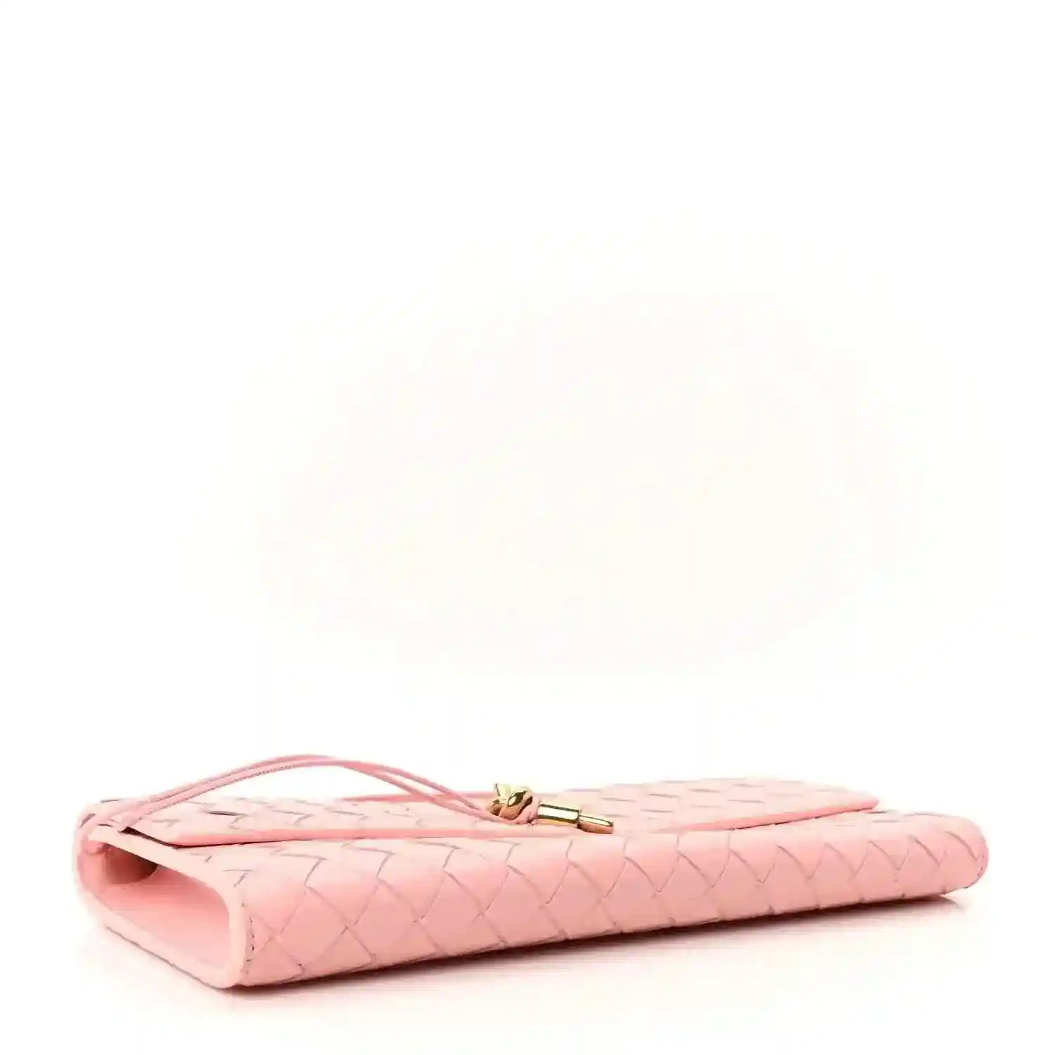 Rose pink woven nappa leather clutch, side view with top handle