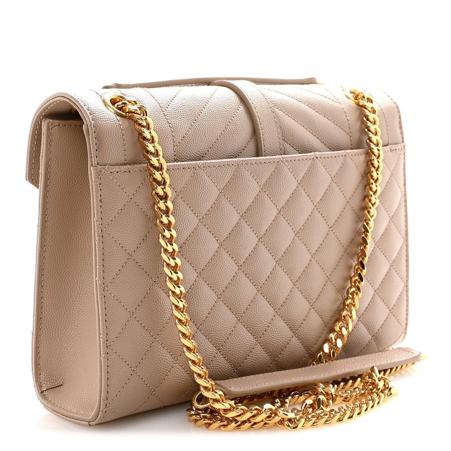 Dark beige quilted satchel with gold-tone chain strap, side view with front pocket seam detail.