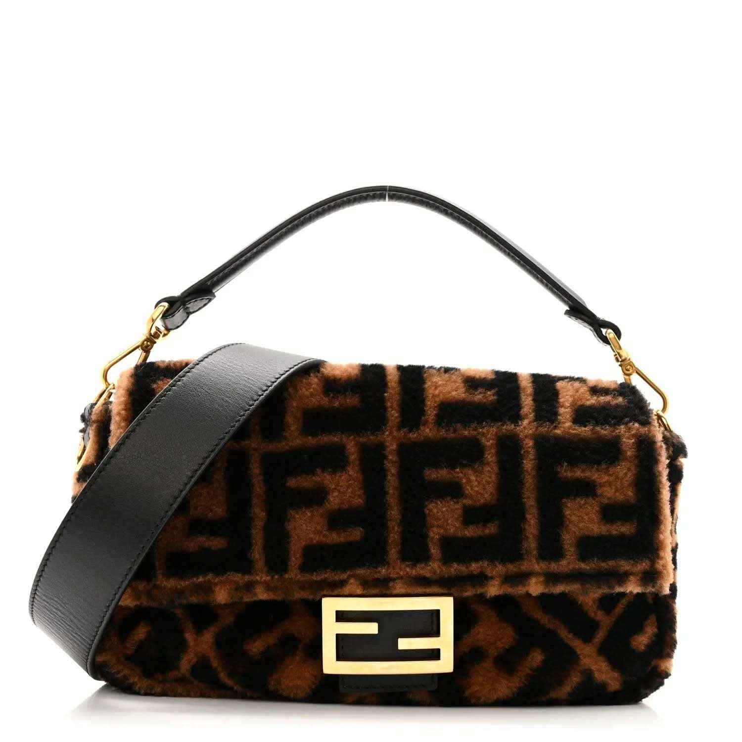 Shearling baguette bag with FF logo pattern, black leather strap, gold clasp, tobacco and black