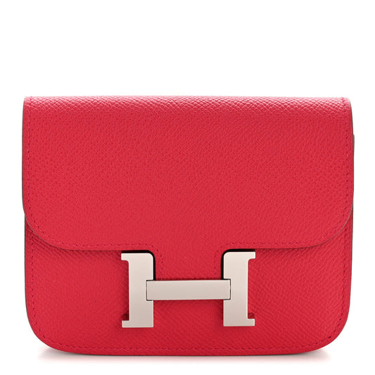 Hermes slim wallet in rose red textured leather with silver H clasp front flap
