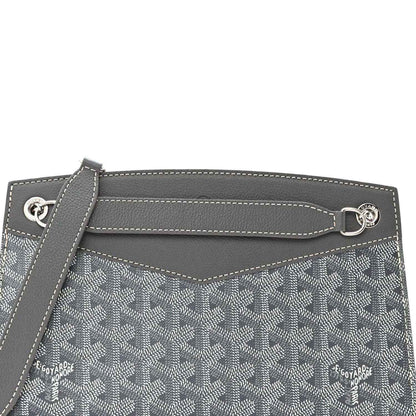 Grey shoulder bag top edge with metal hardware ring and monogram panel detail