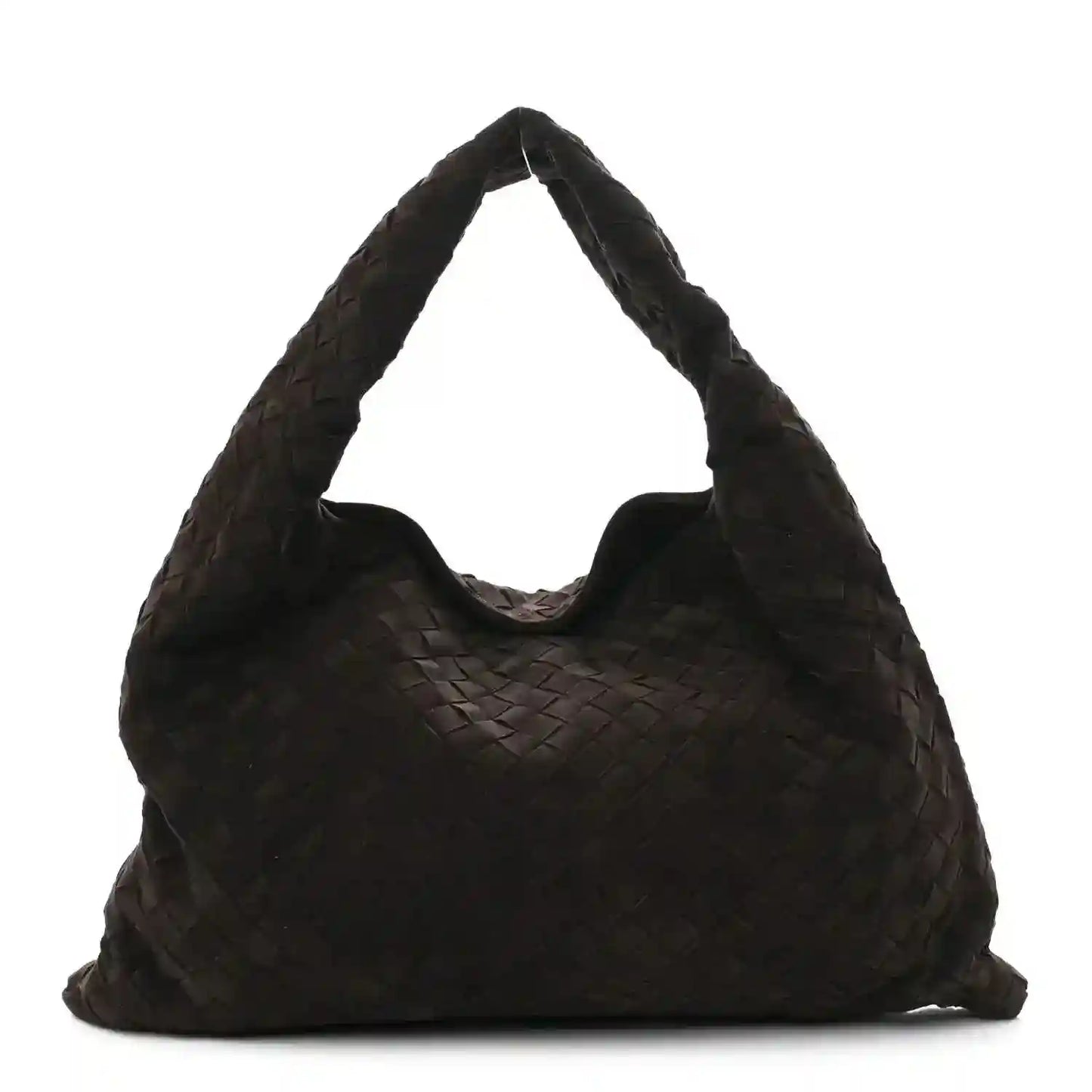 Suede intrecciato hobo bag with woven pattern, small top handles, dark brown