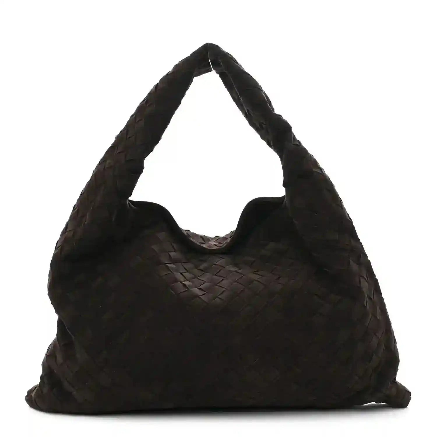 Suede intrecciato hobo bag with woven pattern, small top handles, dark brown