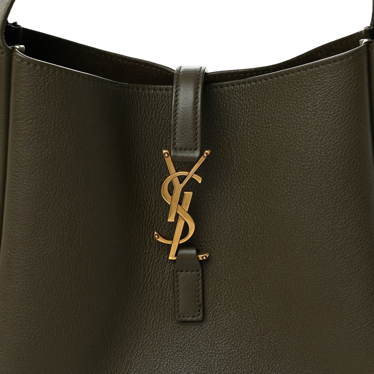 Calfskin hobo bag front flap with gold YSL lock charm and leather tab.