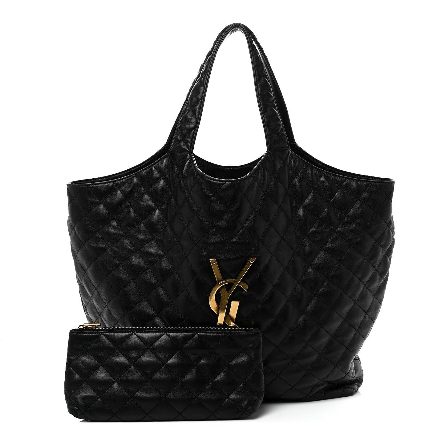 Black quilted leather tote with YSL logo and matching small pouch