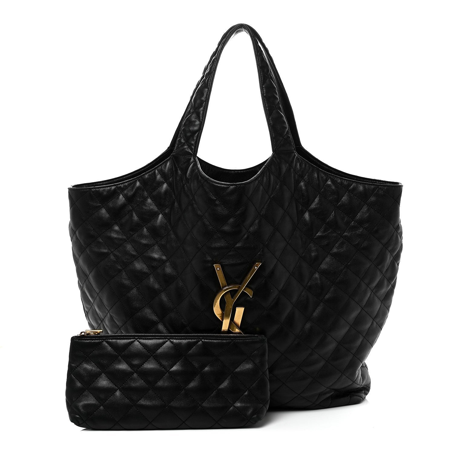 Black quilted leather tote with YSL logo and matching small pouch