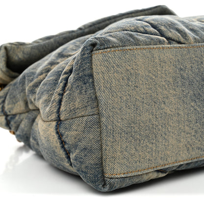 Denim puffer satchel back panel with top flap and stitching