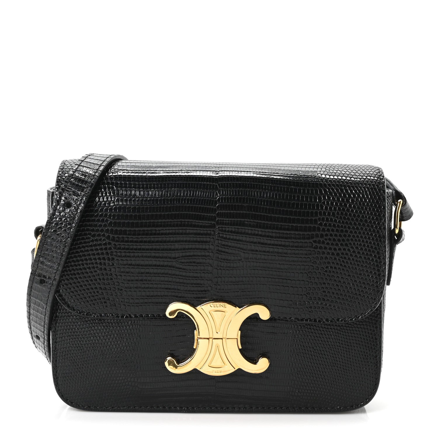 Black lizard-embossed flap shoulder bag with gold C clasp at center