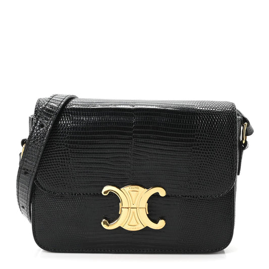 Black lizard-embossed flap shoulder bag with gold C clasp at center