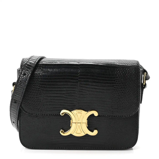 Black lizard-embossed flap shoulder bag with gold C clasp at center
