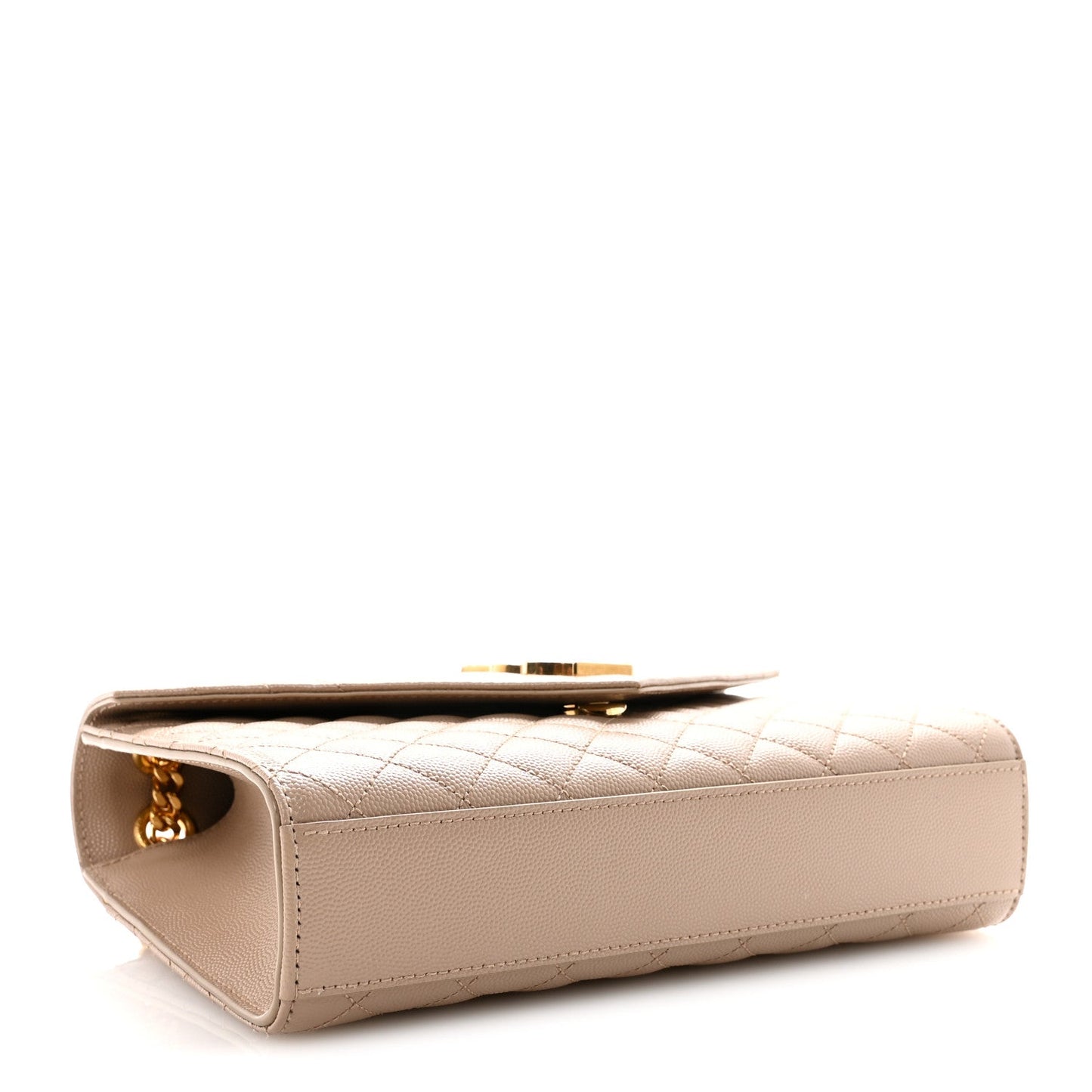 Dark beige satchel bag with quilted top panel and gold-tone flap clasp, side angle view.