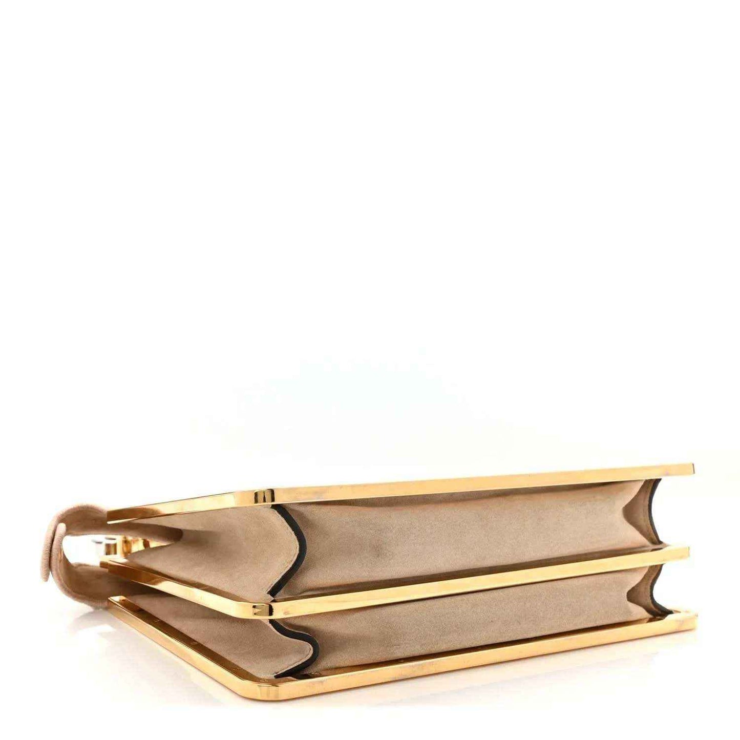 Fendi small Peekaboo satchel bag interior view with beige lining and gold-tone frame edges