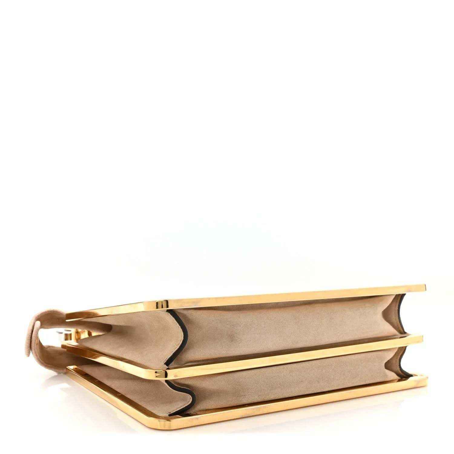 Fendi small Peekaboo satchel bag interior view with beige lining and gold-tone frame edges