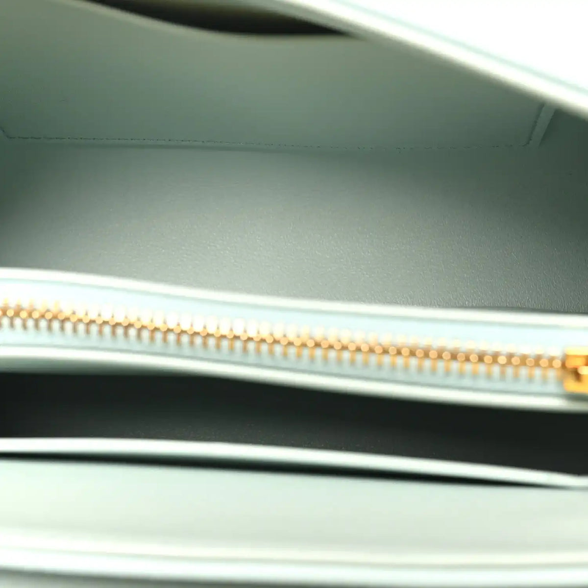 Leather lining with gold zipper track and pull tab