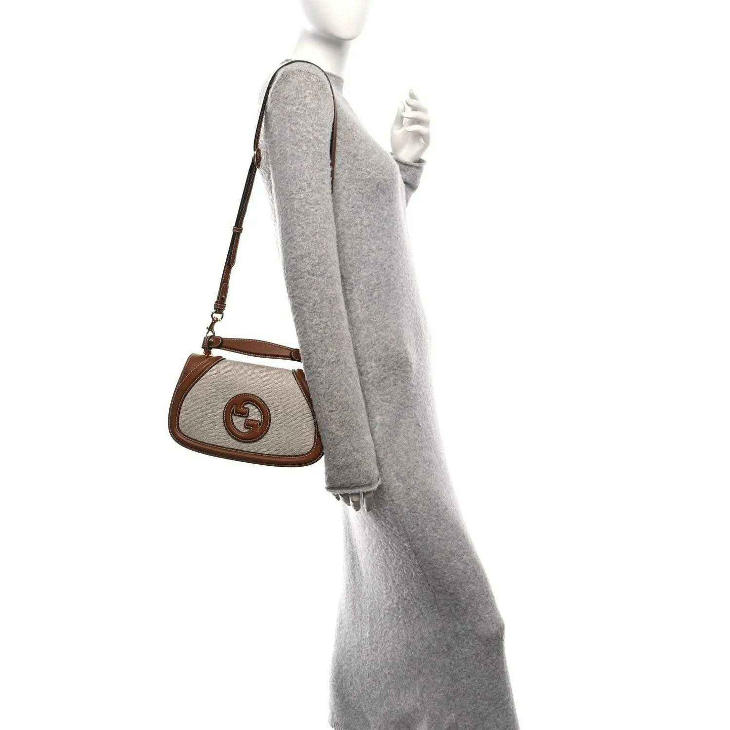 Medium crossbody bag with long strap, beige canvas and brown leather with GG logo patch