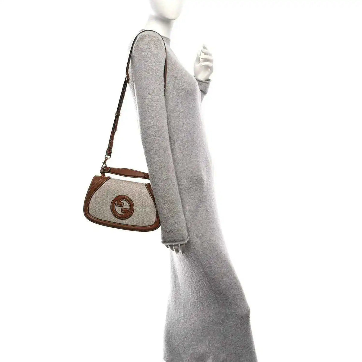 Medium crossbody bag with long strap, beige canvas and brown leather with GG logo patch
