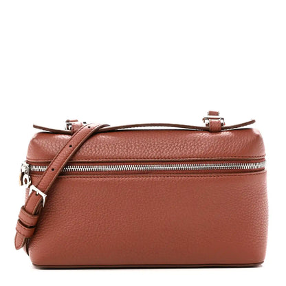 Grained calfskin crossbody pouch with top zip and adjustable leather strap
