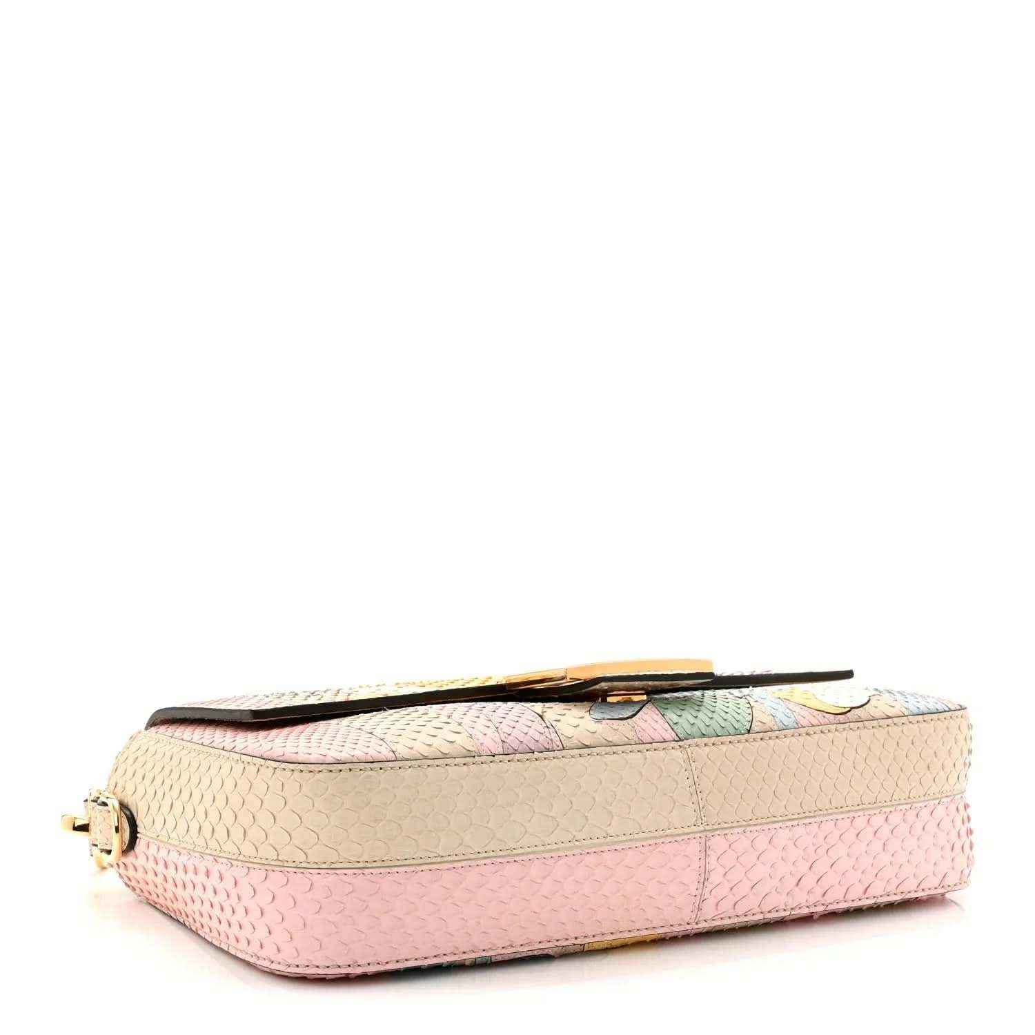 Fendi baguette handbag side view, textured snakeskin with pink and beige tones